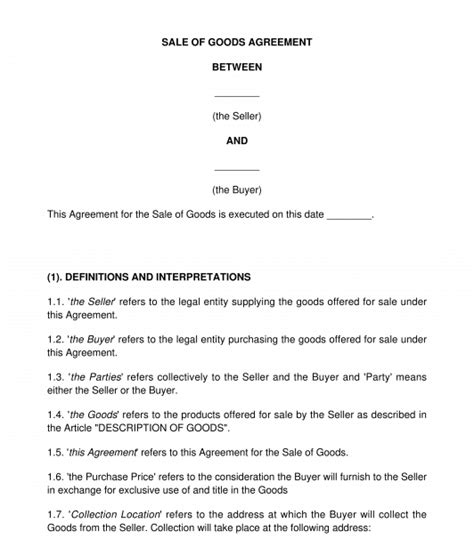 Sale Of Goods Agreement Sample Template