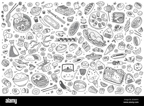 Hand Drawn Japanese Food Set Doodle Vector Illustration Background