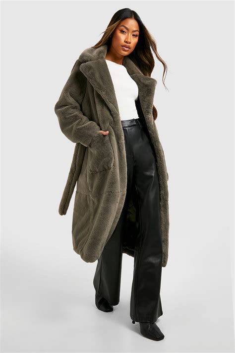 Womens Belted Faux Fur Coat Boohoo Uk