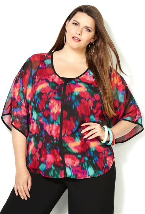 Avenue Plus Size Watercolor Solid Trim Blouse