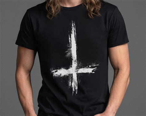 White Inverted Cross Black Metal Tshirt Heavy Metal Satanic Symbol Tee