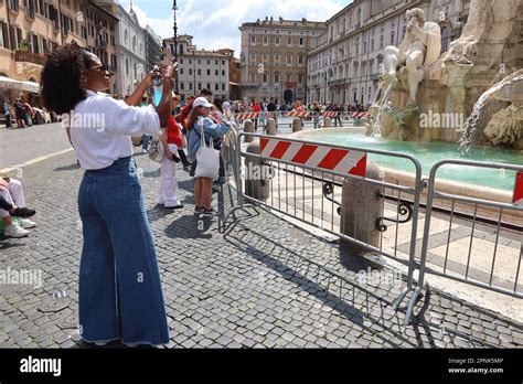 Rome Italy Th Apr Barriers Surround A Fountain In Piazza