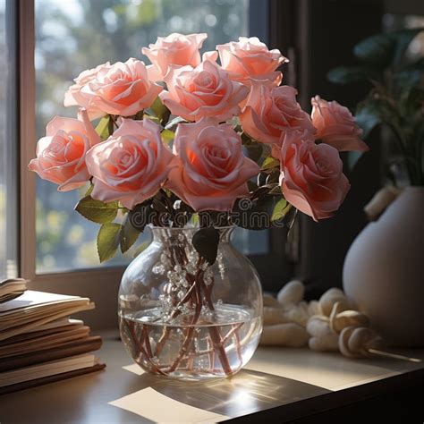 A Bouquet Of Pink Roses In A Glass Vase On A Table Near The Window