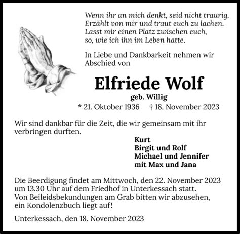 Traueranzeigen Von Elfriede Wolf Trauerundgedenken De