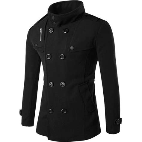 Manteau Long Hiver Homme Chaud Noir En Laine Col Montant Caban Long