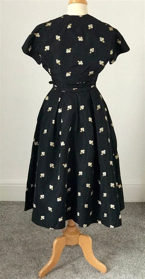 Vintage 1950s Dress And Bolero Black Silk Brocade Pearl Droplets 50s