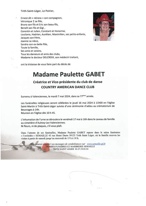 Avis De Décès De Paulette Gabet Pompes Funèbres Semaille