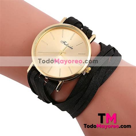 Reloj Pulsera Negro Extensible Piel sintética Caratula Dorada Sin