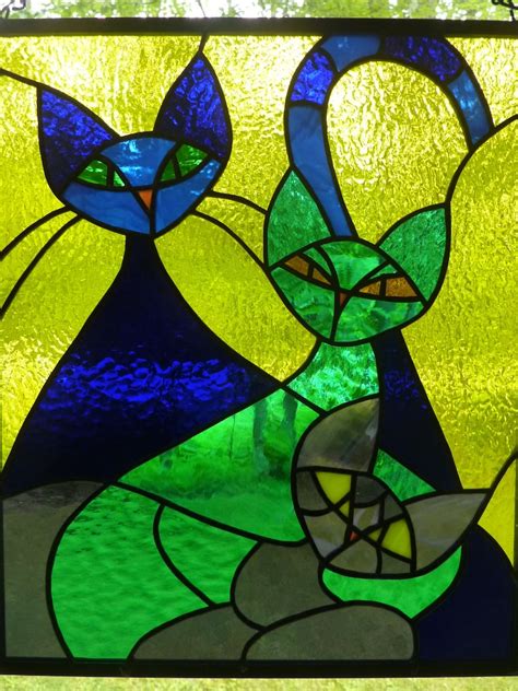 Stained Glass Panel Three Cats Etsy