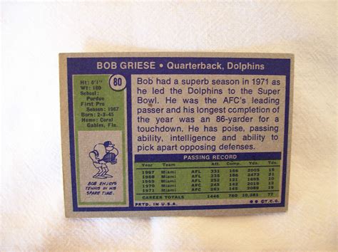 1972 Topps Football Bob Griese 80 Dolphins EBay