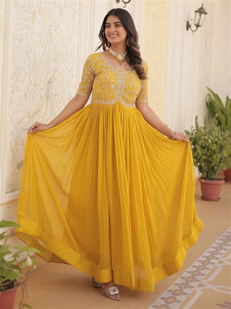 Buy Yellow Embroidered Georgette Haldi Wear Gown From Ethnic Plus