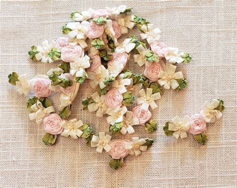 8 Vintage Ribbon Embellishment Applique Pink Rose Flower USA - Etsy