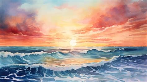 Premium Ai Image Watercolor Ocean Sunset