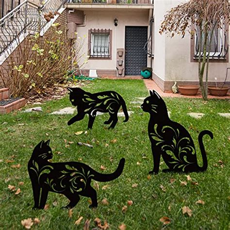 URATOT 3 Pack Metal Cat Garden Statues Black Cat Silhouette Cat Decorative Garden Stakes Garden ...