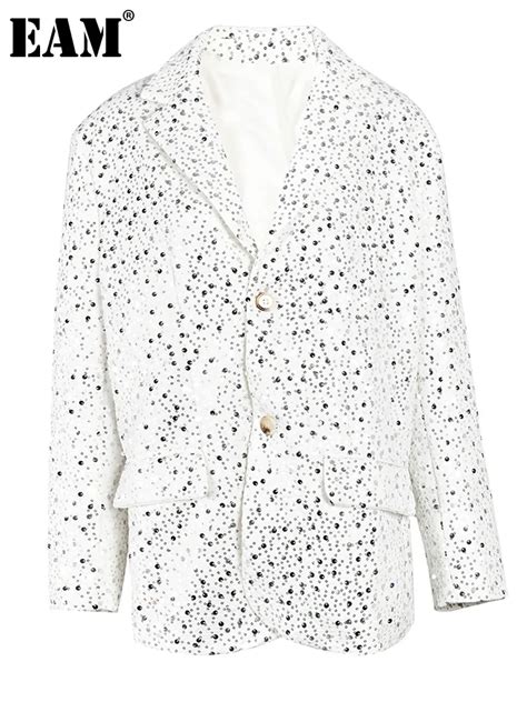 Eam Women Gray Sequins Big Size Casual Blazer New Lapel Long Sleeve