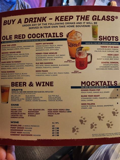 Menu at Ole Red pub & bar, Nashville, 300 Broadway