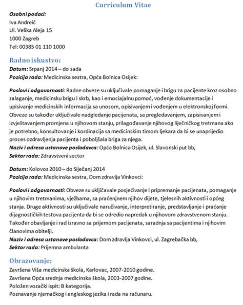 Medicinska sestra CV primjer životopis