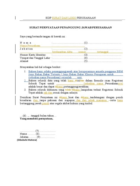 Surat Pernyataan Penanggung Jawab Perusahaan Pdf