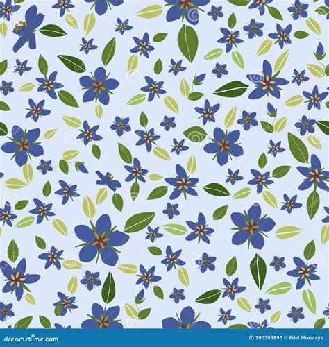 Blue Pimpernel Flower and Leaves Seamless Vector Illustration