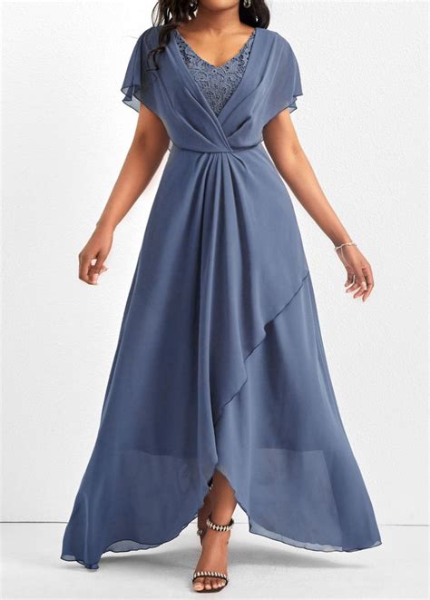 Dusty Blue V Neck Lace Maxi Dress Rosewe Usd Robe