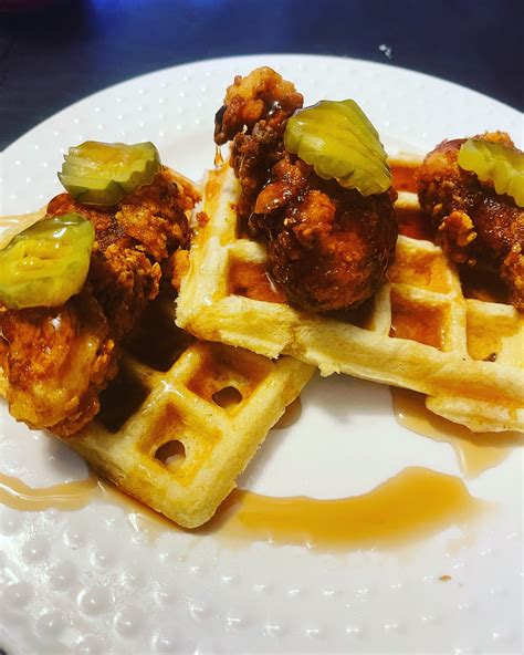 Homemade Nashville Hot Chicken And Waffles With Maple Syrup Food