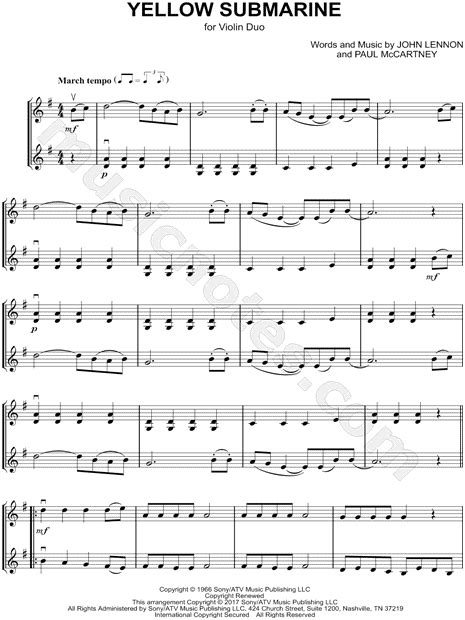 Yellow Submarine For Violin With Piano By The Beatles Digital Sheet