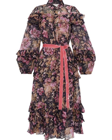 Zimmermann Lucky Tiered Belted Floral Print Silk Chiffon Midi Dress In