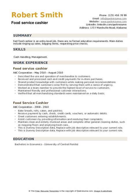 Food Service Cashier Resume Samples QwikResume