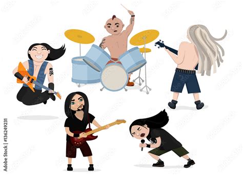 Vector Illustration Of Funny Playing Rock Band Heavy Metal Comic