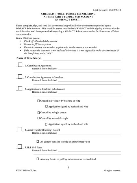 Fillable Online Wispact Checklist For Attorney Establishing Bene Sub