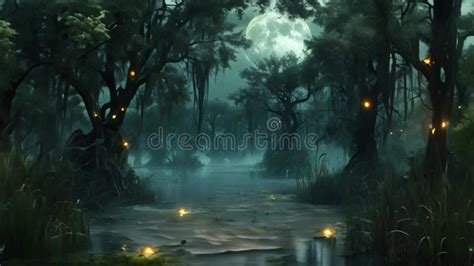 A Painting Of A Swamp At Night With A Full Moon Spooky Moonlit Swamp