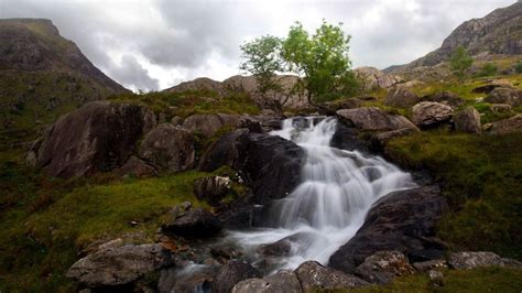 Download Wallpaper 1920x1080 Waterfall Rocks Mountains Grass Full Hd