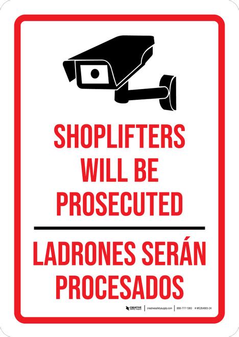 Shoplifters Will Be Prosecuted Bilingual Spanish Portrait Wall Sign