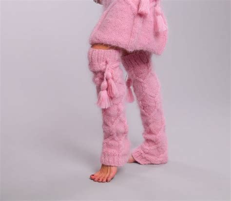 Pink Mohair Cable Knit Legwarmers Matching Skirt And Top Set Available