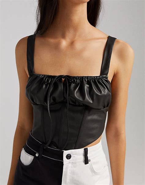 Bershka Faux Leather Corset Tie Detail Crop In Black Asos