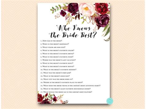 Burgundy Floral Who Knows The Bride Best Game Printable Burgundy