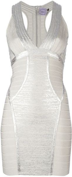 Herv L Ger Fitted Bodycon Dress In Silver Lyst