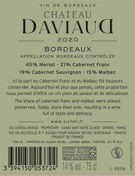 Ch Teau Daviaud Aoc Bordeaux Red Technical Sheet