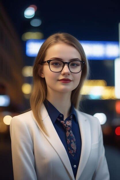 Premium Photo A Pretty European Girl In A Suit And Glasses On The Night Background