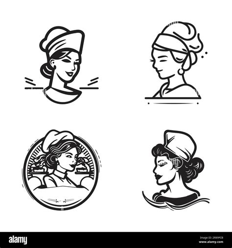 Hand Drawn Vintage Female Chef Logo In Flat Line Art Style Isolated On Background Stock Vector