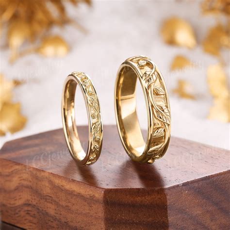 2pcs Leaf Couple Rings Set for Men and Women, Men Wedding Band, Natural ...