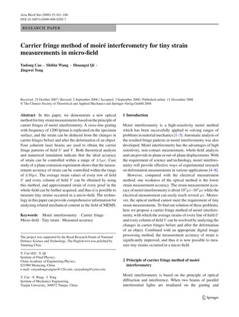 PDF Carrier Fringe Method Of Moir Interferometry For Tiny Strain