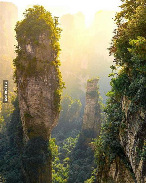 Tall stone towers in Zhangjiajie National Forest Park, China. Reminds ...