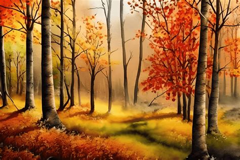 Watercolor Autumn Forest Trees Painting Creative Fabrica