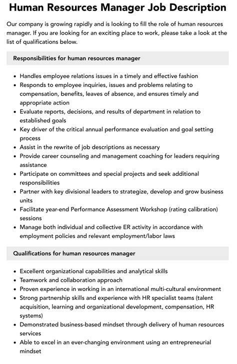 Human Resources Manager Job Description Velvet Jobs