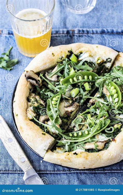 Goat Cheese Pizza With Spinach Pesto Recipe Idea Stock Image Image Of