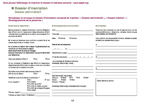 Dossier d inscription Fédération APAJH Handicap vacances