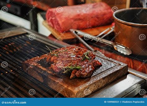 The Grilled Beef Steak On A Wooden Board Stock Image Image Of Cook