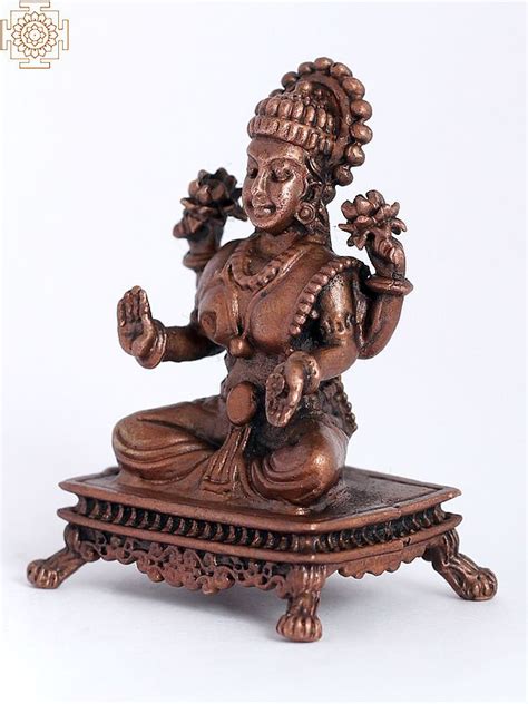 2 Copper Small Blessing Goddess Lakshmi Idol Seated On Pedestal