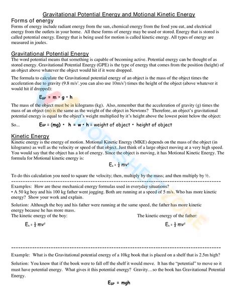 Gravitational Potential Energy And Motional Kinetic Energy Worksheet